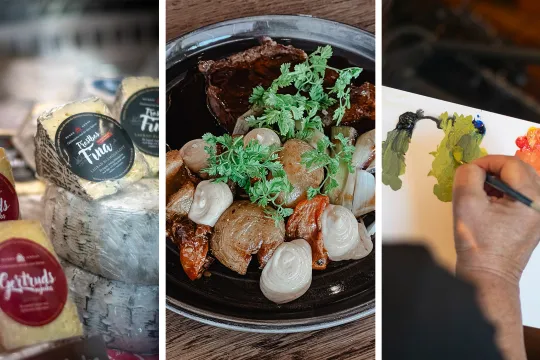 Bildcollage med mat och färg