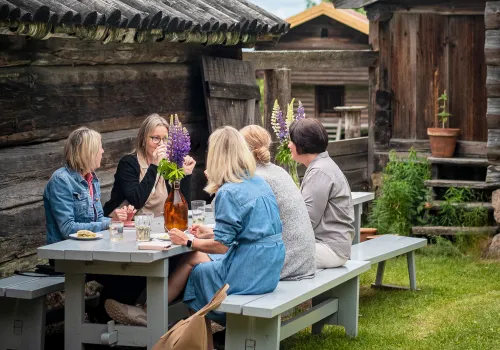 Människor som fikar på Nyfiket på Rättviks gammelgård.