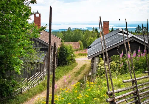 Fäbodlandskap med utsikt över sjöar och berg sommartid.
