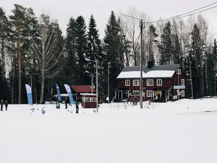 Arena where the skiing trails starts and ends.