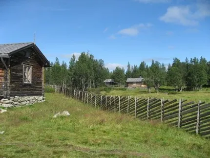 Nisse Schmidt Fäbodmiljö med staket och omålad timmerstuga.