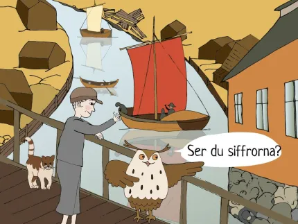 Illustration av pojke och uggla på en bro.