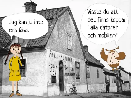 Illustration av flicka och uggla framför byggnad.