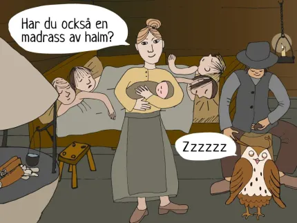 Illustration av en stor familj i en trång stuga.