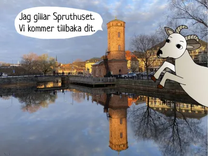 Faluån och byggnad av torn med illustration av en get.
