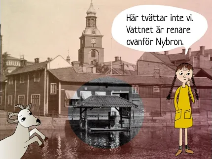 Tvättbrygga i Faluån med illustration av get och flicka.