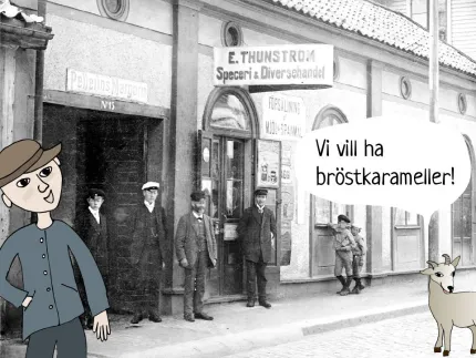 Byggnad och män i svartvitt med illustration av pojke och get.