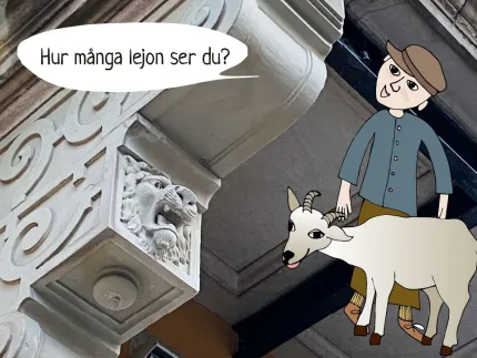 Detalj av fasad i sten med illustration av pojke och get.