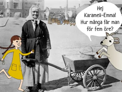 Svartvitt foto av kvinna vid kärra med illustration av get och flicka.